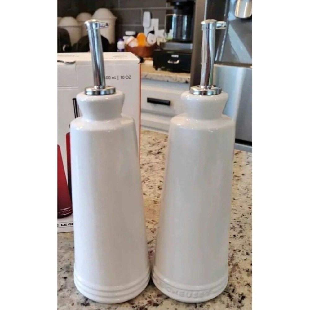 LE CREUSET Oil and Vinegar bottles Set in White 10 Ounce *NEW*